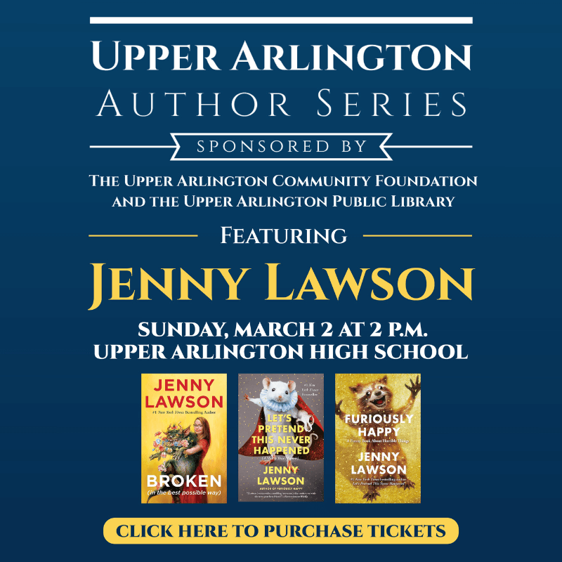 Announcement for the author visit with Jenny Lawson in the Upper Arlington Author Series, Sunday March 2, 2025