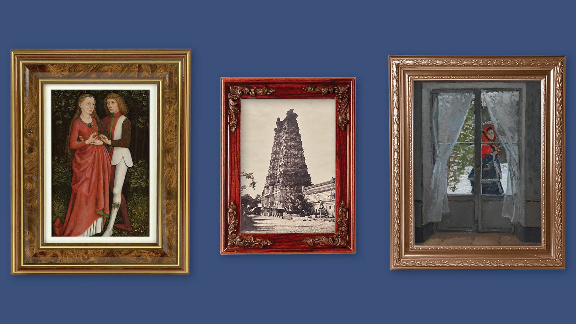 Three framed pictures on a blue background. Left: Renaissance portrait. Middle: Tall temple tower. Right: Figure by window.