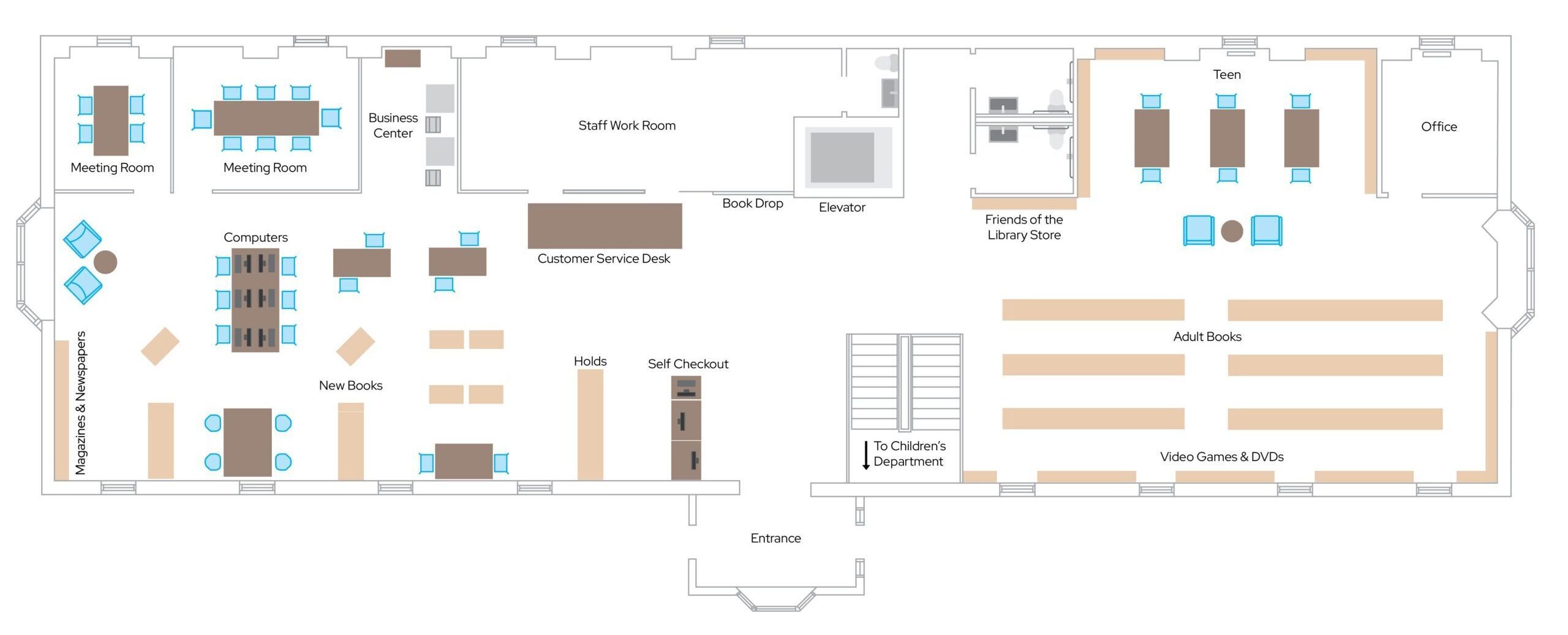 Library floor plan showing meeting rooms, computer area, customer service desk, book sections, and staff areas.