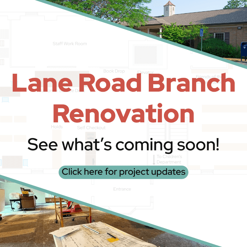 Lane Road Branch library renovation announcement with building exterior and interior construction views